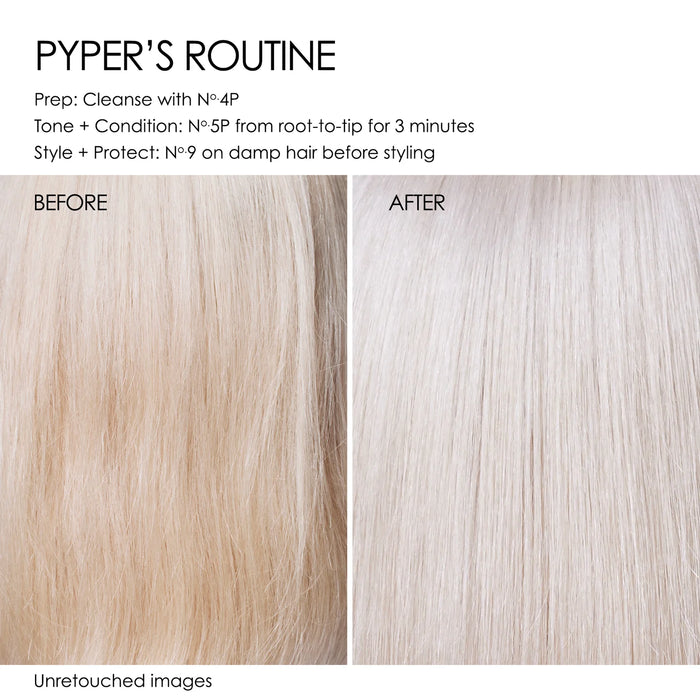 Pyper's Routine: Cleanse with No. 4P, then No. 5P for 3 minutes, then applied No. 9 on clean, damp hair as a leave-in before styling. Unretouched images show that after use, the yellow brassy hue has disappeared for a more toned color