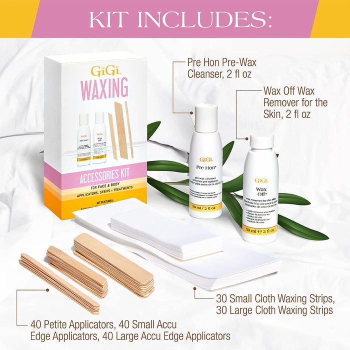 Gigi waxing accessories kit includes, Pre Hon Pre Wax, Wax off wax remover for the skin, 40 petite applicators, 40 small accu edge applicators, 40 large accur edge applicators 30 small cloth waxing strips, 30 large cloth waxing strips