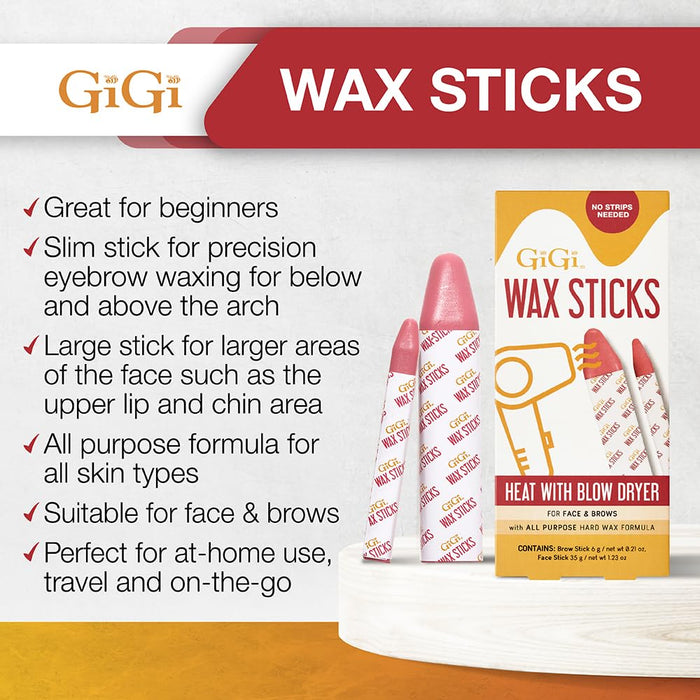 Gigi wax sticks. Great for beginners, slim stick for precision eyebrow waxing for below and above the arch, large stick for larger areas of the face such as the upper lip and chin area, all purpose formula for all skin types, suitable for face and brows, perfect for at home use travel or on the go.