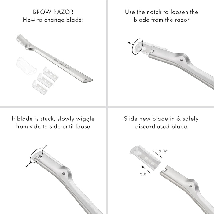 Tweezerman eyebrow razor how to change blade instructions: use the notch to loosen the blade from the razor. If blade is stuck, slowly wiggle from side to side until loose. Slide new blade in and safely discard used blade.