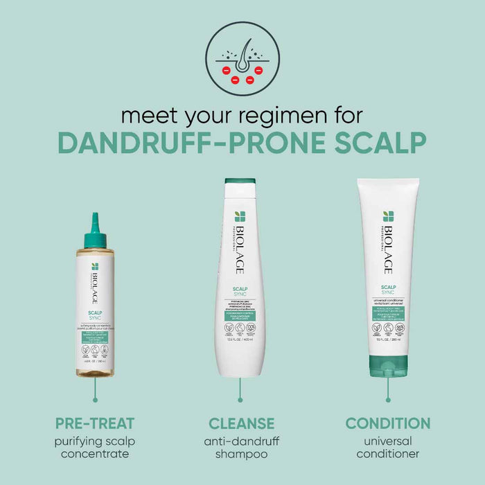 Meet your regimen for Dandruff Prone scalp. Matrix Biolage's purifying scalp concentrate, anti dandruff shampoo, and universal conditioner.