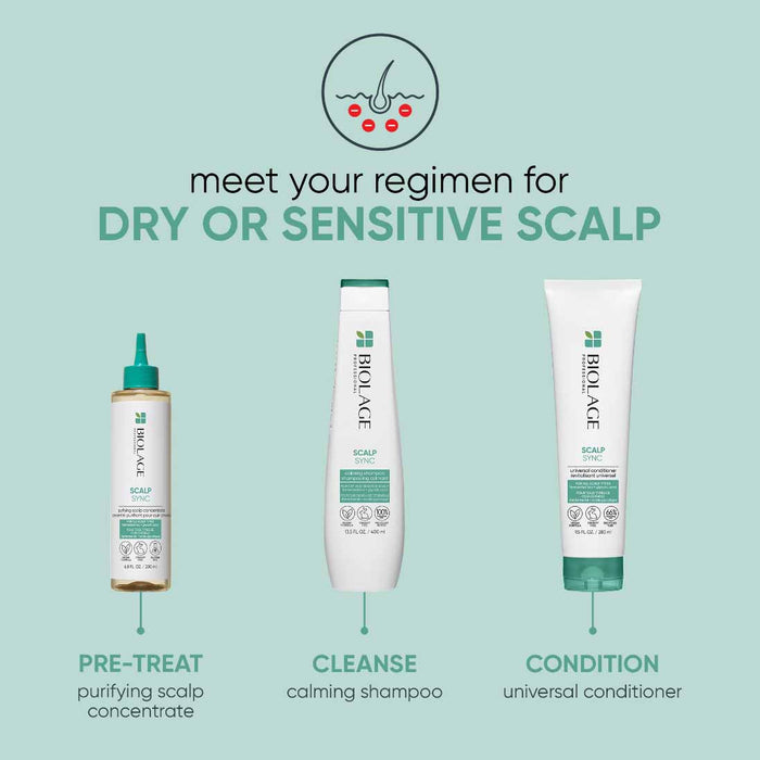 Meet your regimen for dry or sensitive scalp including purifying scalp concentrate, calming shampoo, and universal conditioner