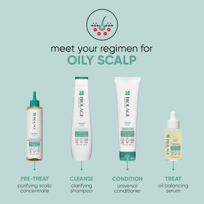 Meet your regimen for oily scalp: Purifying scalp concentrate, clarifying shampoo, universal conditioner, and oil balancing serum
