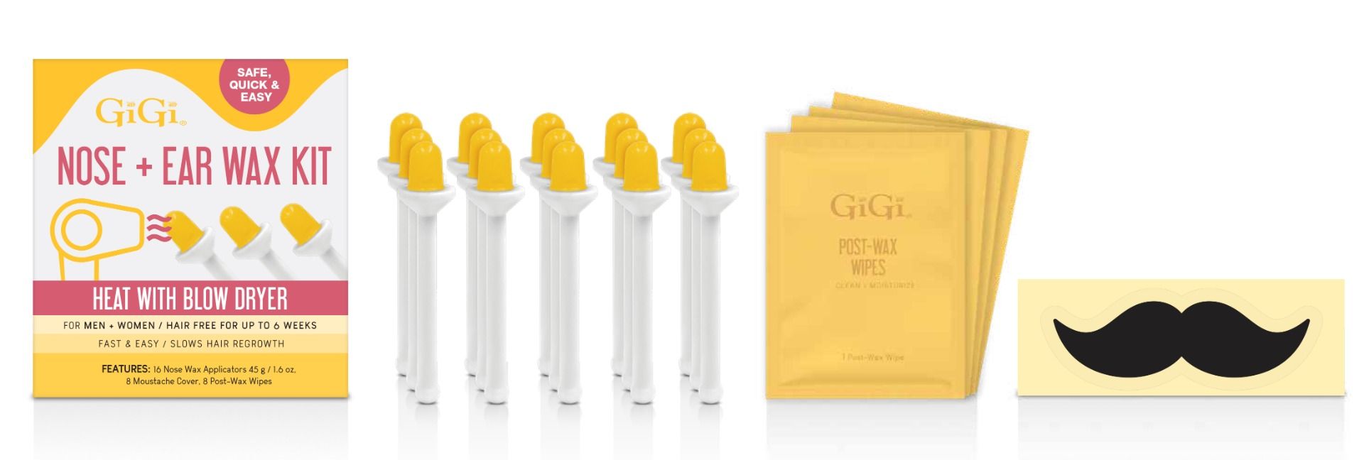 GiGi nose and ear wax kit. Includes 16 nose wax applicators, 8 mustache covers, and 8 post wax wipes.