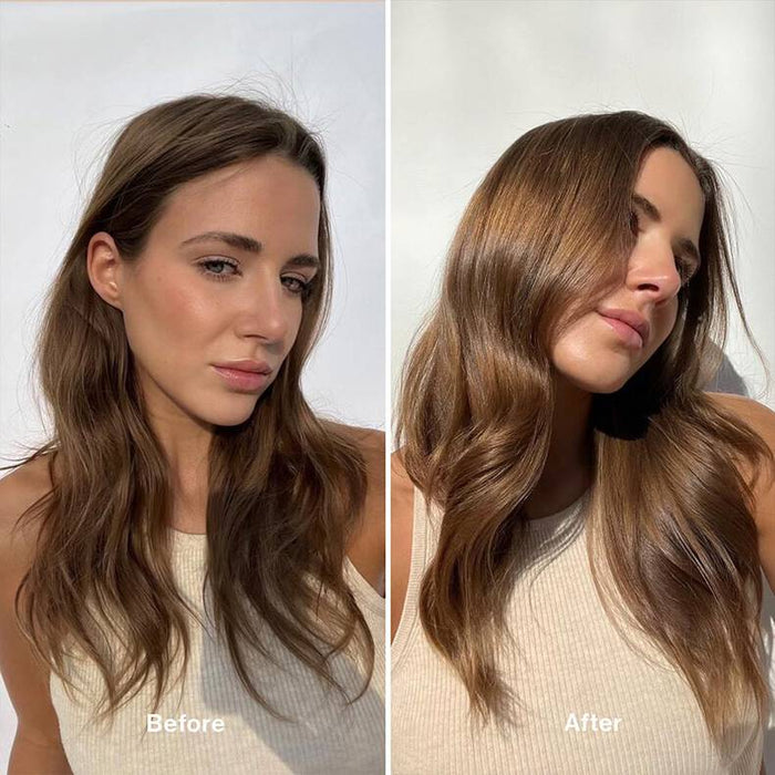 Pureology Nanoworks Gold Shampoo side to side comparison. Before side shows greasy, weighed down and dehydrated hair. After photo displays luxuriously shine, nourished and stronger hair.