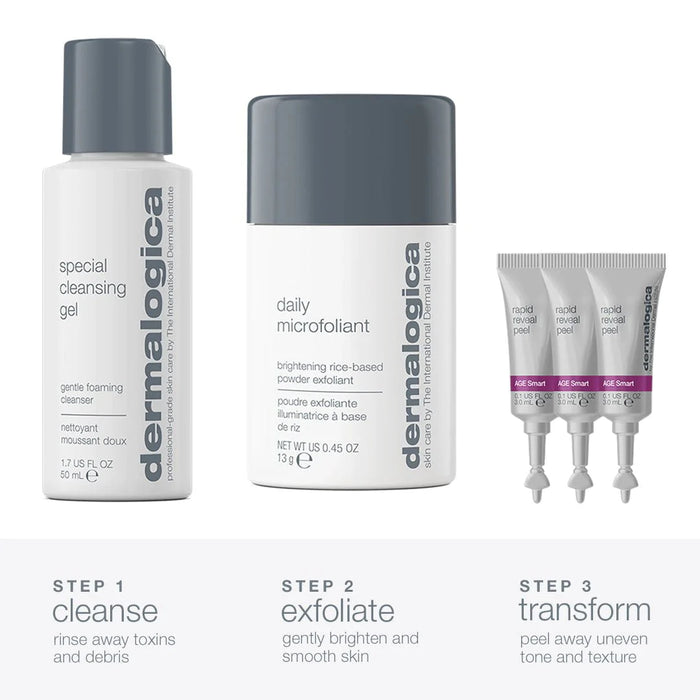 Dermalogica The Peel Power-Up Set - Step 1 cleanse with special cleansing gel. Step 2 exfoliate with daily microfoliant. Step 3 peel away uneven tone and texture with Rapid Reveal Peel